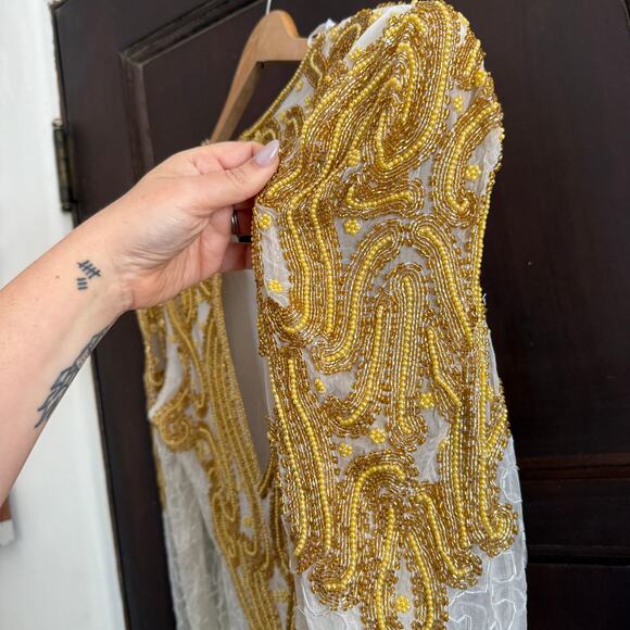 80s Vintage RIGHT CHOICE White and gold Beaded Silk Midi Gown with Slit Large - Picture 8 of 10